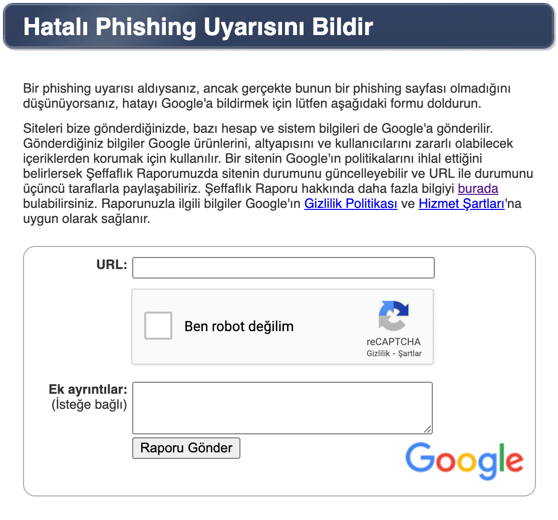 Hatalı Pishing Uyarısı